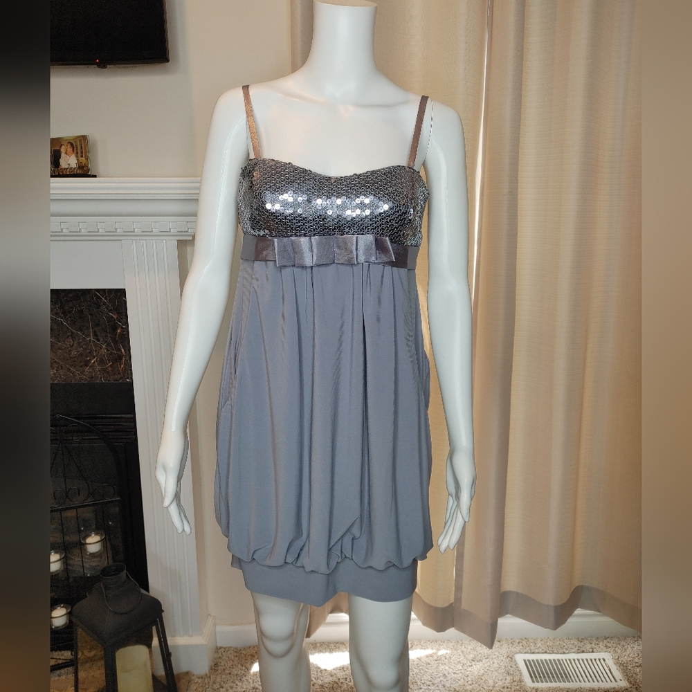 MORGAN & CO. EMPIRE WAIST DRESS, GRAY W/ SILVER SEQUIN S